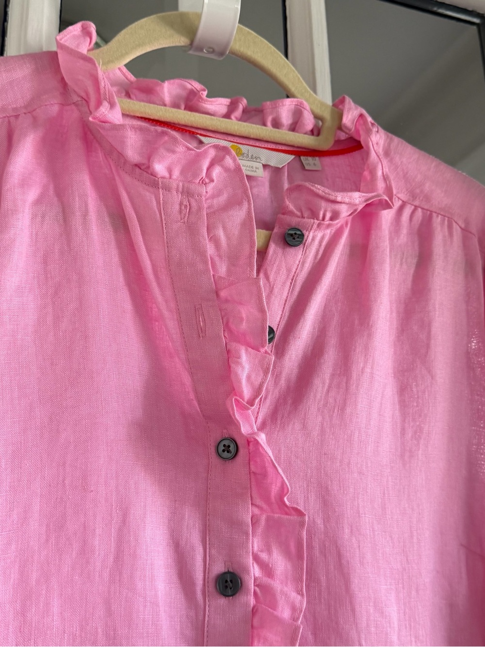 Boden Pink Ruffled Collar Button-Front Top - Picture 2 of 9